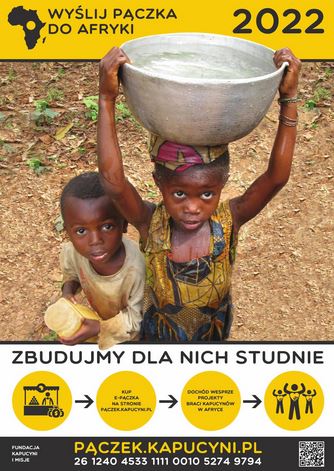 Plakat przedstawia sposób w jaki można wspomóc dzieci z Afryki wysyłając wirtualnego pączka. 
