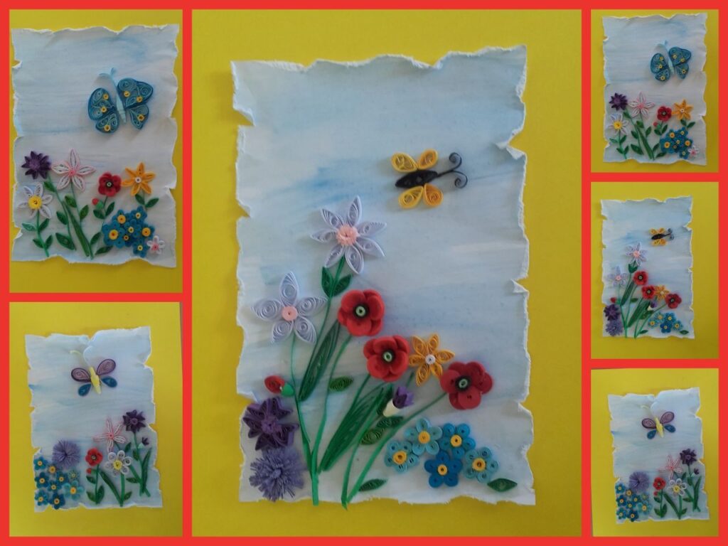 Kolaż zdjęć - prace plastyczne quilling kwiaty i motyle