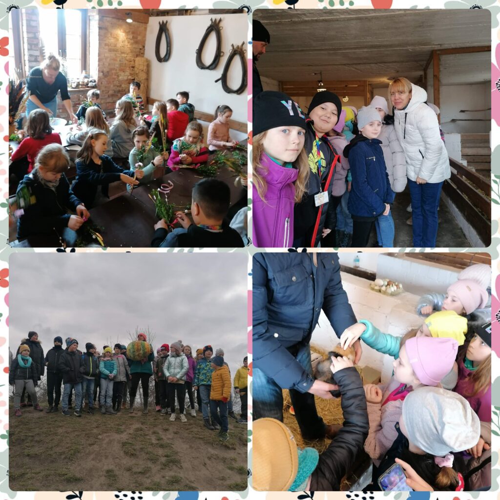 Uczniowie klasy 3B zwiedzają farmę zwierząt Cztery Pory Roku w Powsinie. Wykonują ozdoby świąteczne podczas warsztatów wielkanocnych. 