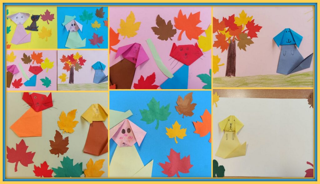 Pieski w jesiennej scenerii - origami płaskie z kwadratu - prace dzieci ze świetlicy