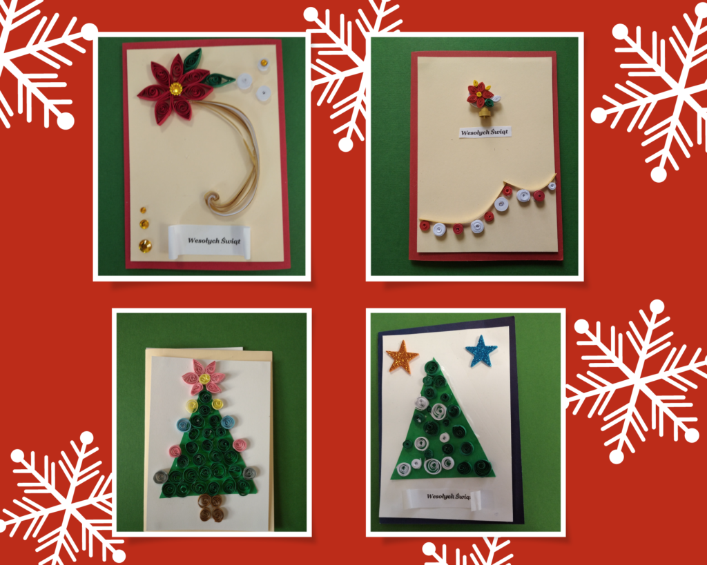 Kartki świąteczne z elementami quillingu, wykonane przez uczniów klas drugich.